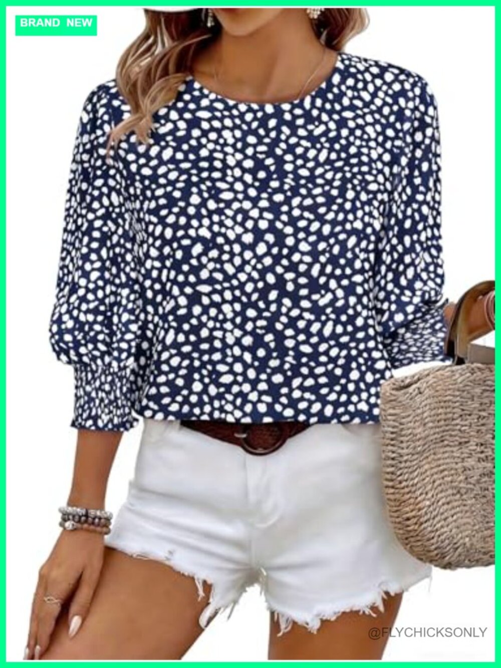 Women's 3/4 Sleeve Blouse Dressy Casual Crew Neck Smocked Cuff Tunic